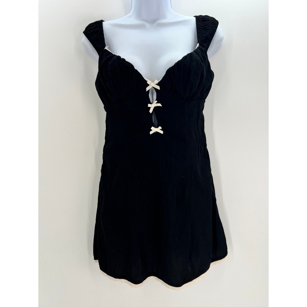 Kiss The Sky Black Ruched Bow Mini Dress Women Small Coquette Babydoll Lace Trim